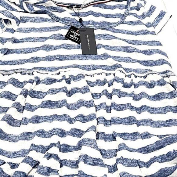 TOMMY HILFIGER Cap Sleeve Dress Cover-Up Swimsuit-Gray Blue Stripe Wide Burnout - Picture 4 of 4